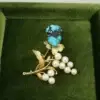 Vintage Turquoise and Pearl Flower Spray Brooch, 14k Yellow Gold, view 1