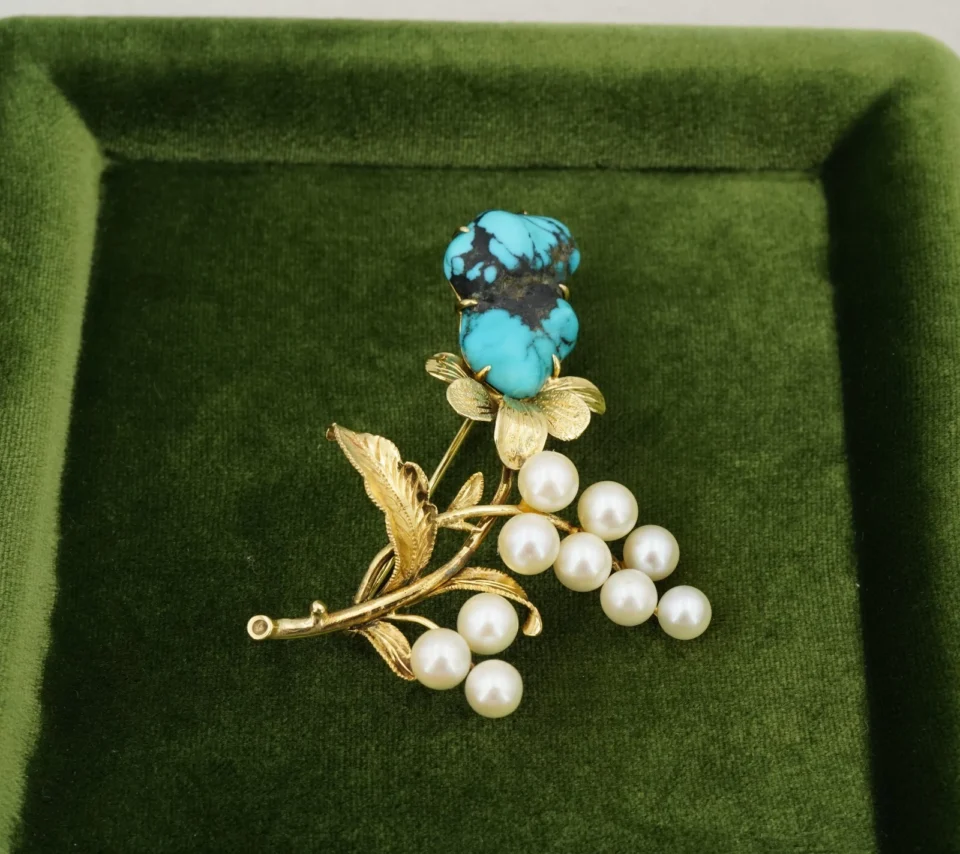 Vintage Turquoise and Pearl Flower Spray Brooch, 14k Yellow Gold