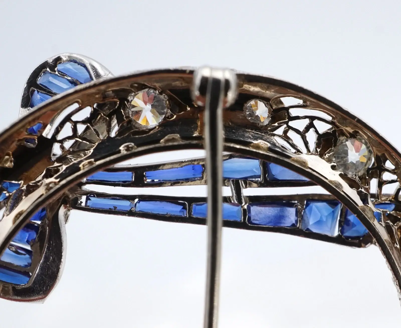 Antique Diamond and Sapphire Wreath Bow Brooch, 14k White Gold, view 5