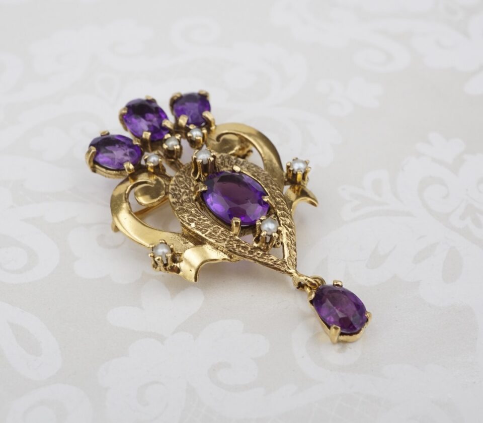 Vintage Amethyst, Diamond and Seed Pearl Pendant Brooch, 14k Gold