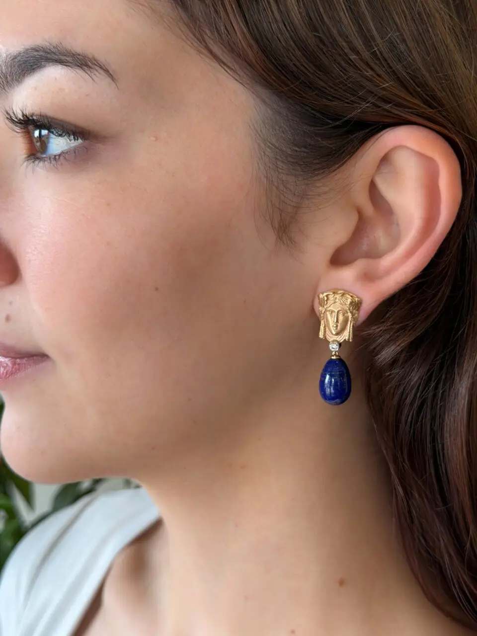 Goddess Repousse Lapis and Diamond Drop Earrings, 14k Yellow Gold, view 2