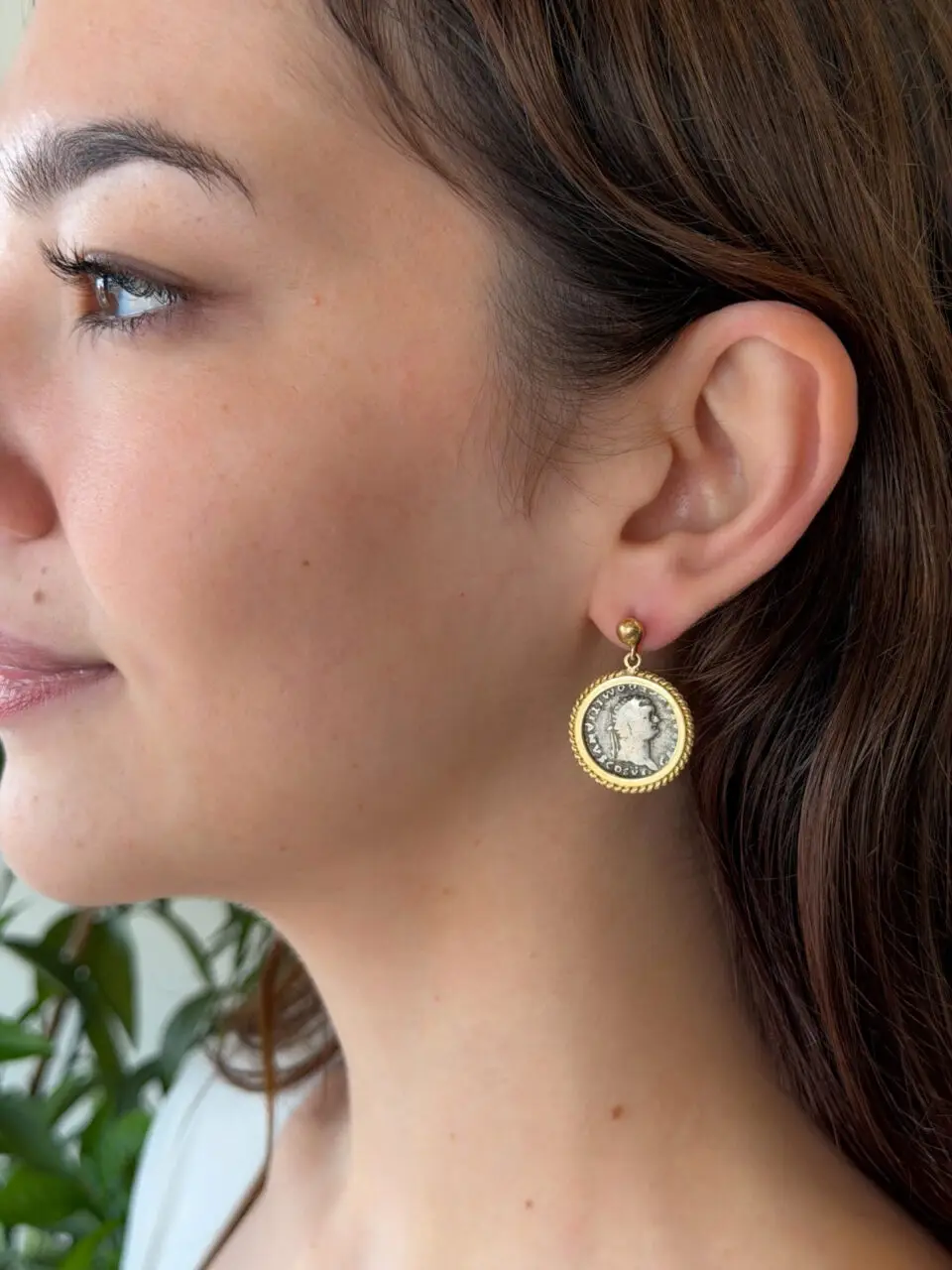 Ancient Roman Domitian Silver Denarius Earrings, 18k Gold, view 2
