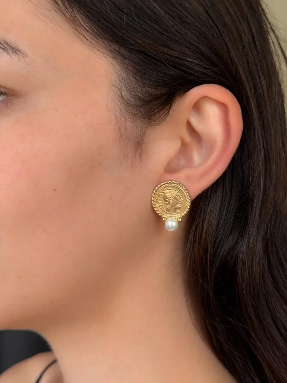 Vintage Roman Coin Style Pearl Drop Earrings, 14k Yellow Gold, view 1