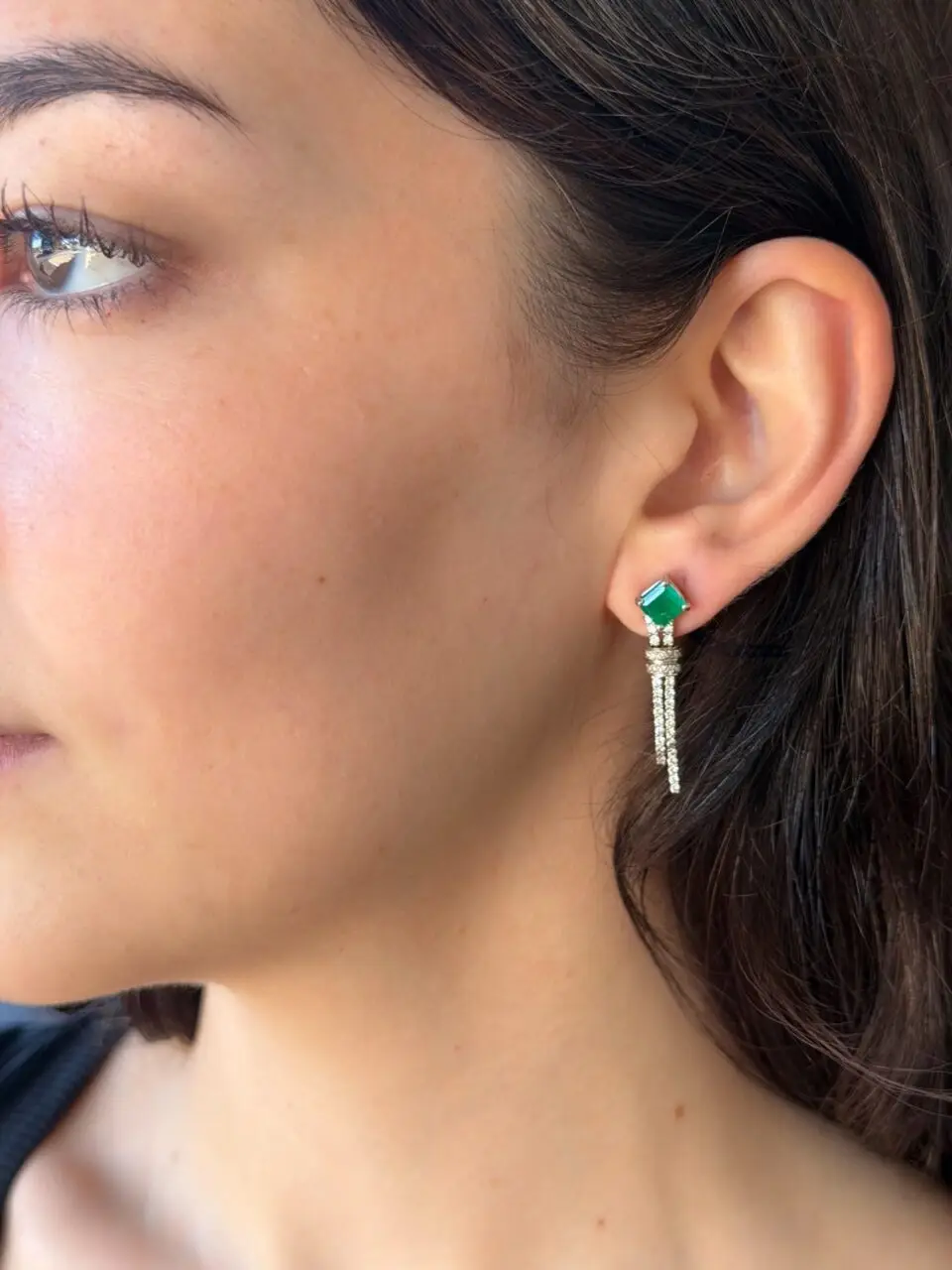 Vintage Natural Emerald and Diamond Drop Earrings, 2.6 Ct, 14k White Gold, view 2