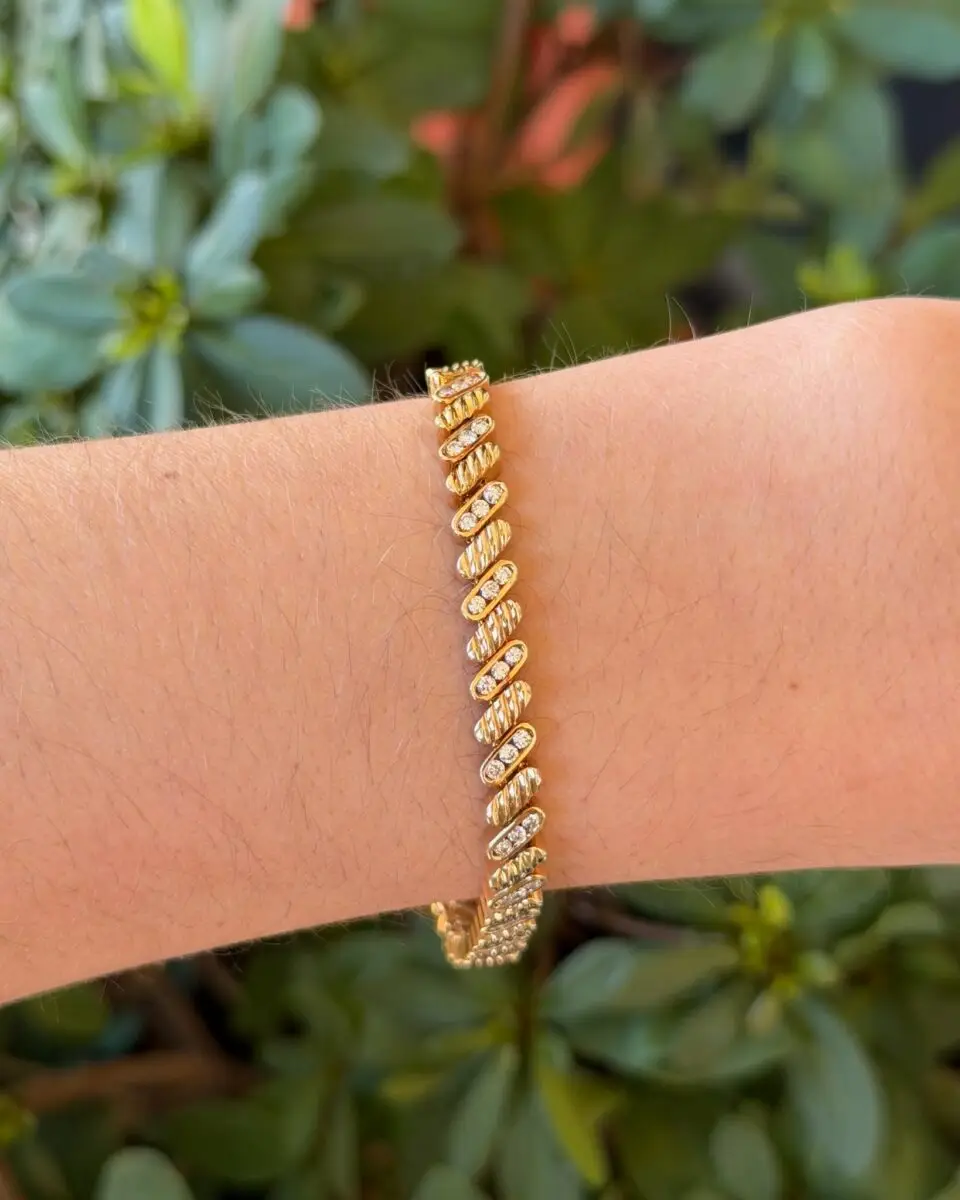 Estate 14k Diamond Tennis Bracelet Slant Link 2ctw Yellow Gold 6.75 inch - view 2