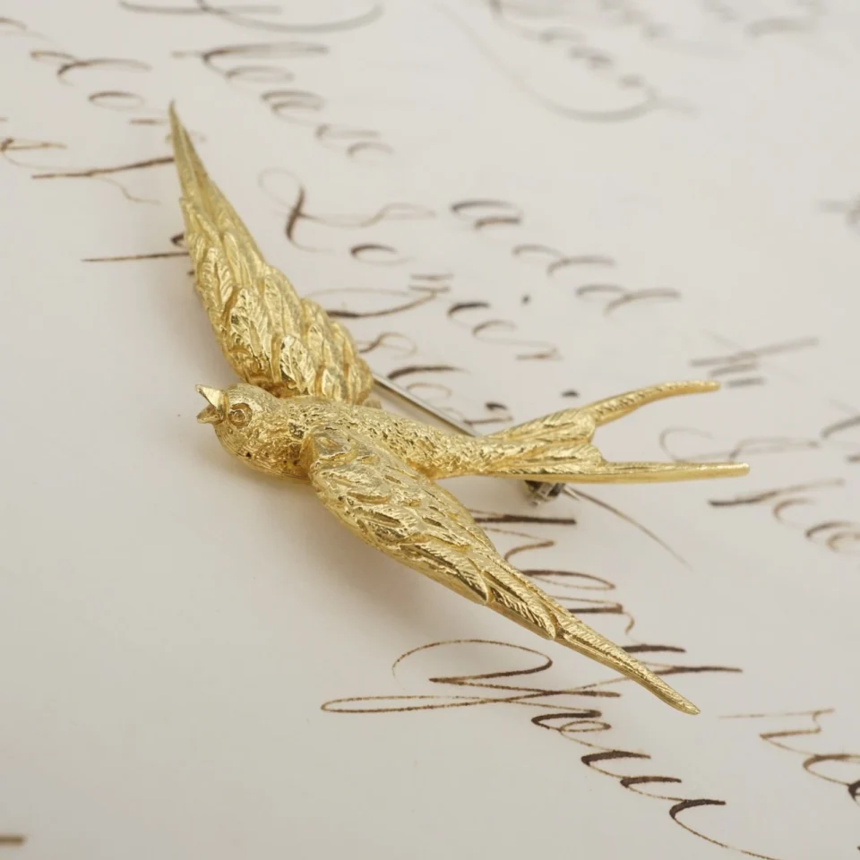 Vintage Swallow Bird Brooch, 18k Yellow Gold, 2"