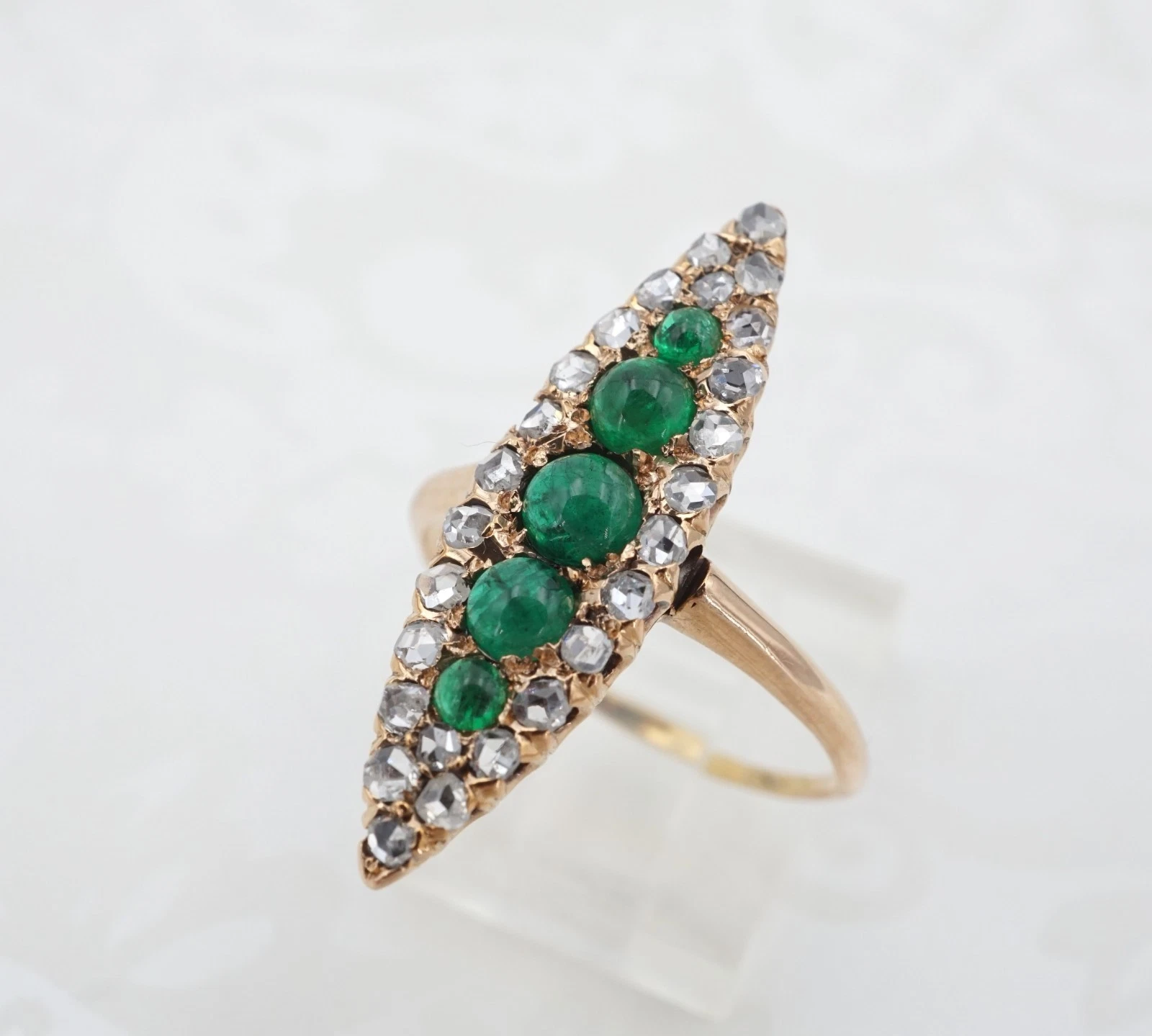 Antique Natural Emerald and Diamond Navette Halo Ring, 1 Ct, view 3