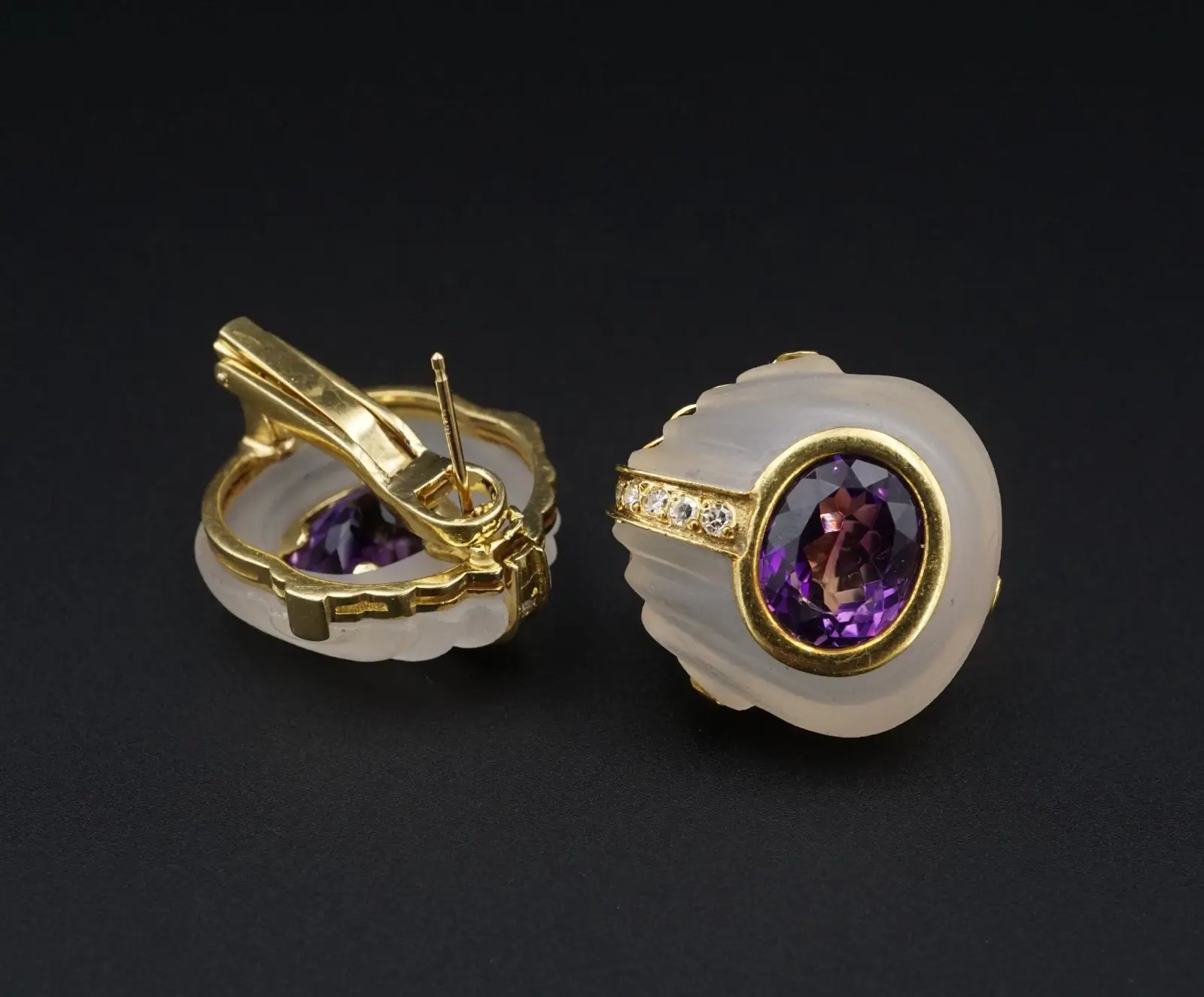 Estate Carved Rock Crystal, Amethyst and Diamond Earrings, 18k Gold, view 3