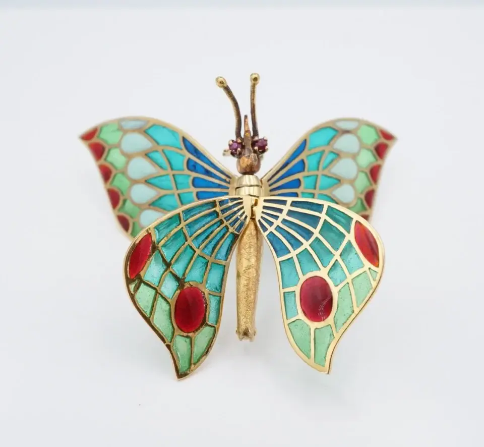 Estate Plique-a-Jour Enamel Butterfly Brooch, 18k Yellow Gold