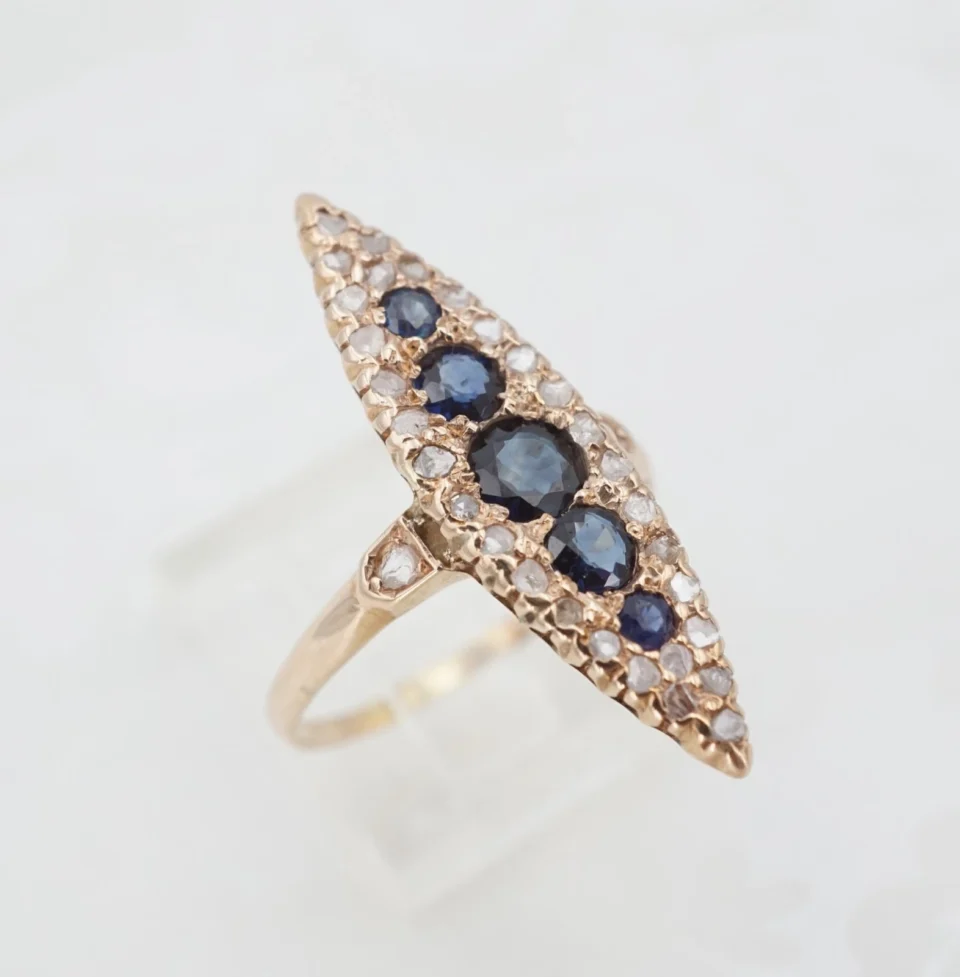 Antique Natural Sapphire and Diamond Navette Halo Ring, 1 Ct, Rose Gold, view 2
