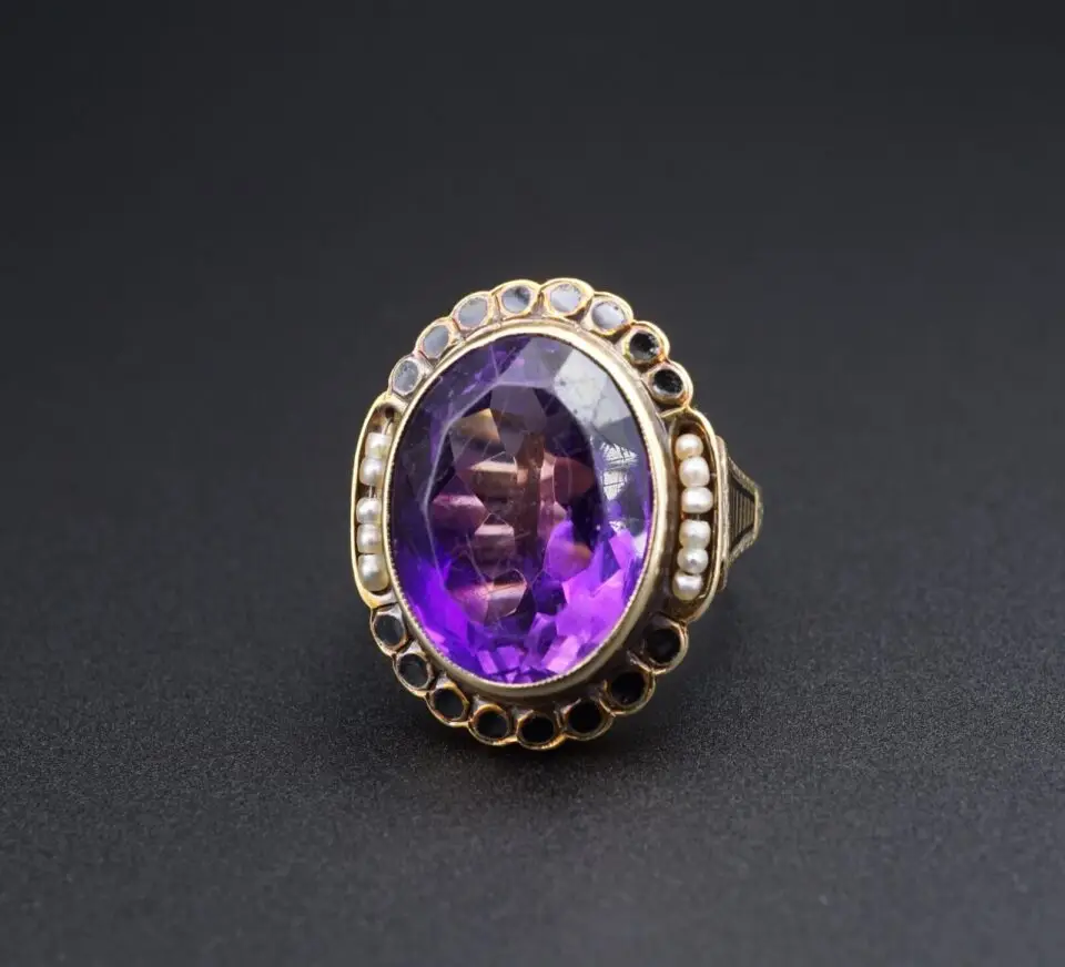 Antique Amethyst, Pearl and Enamel Ring, 18k Yellow Gold