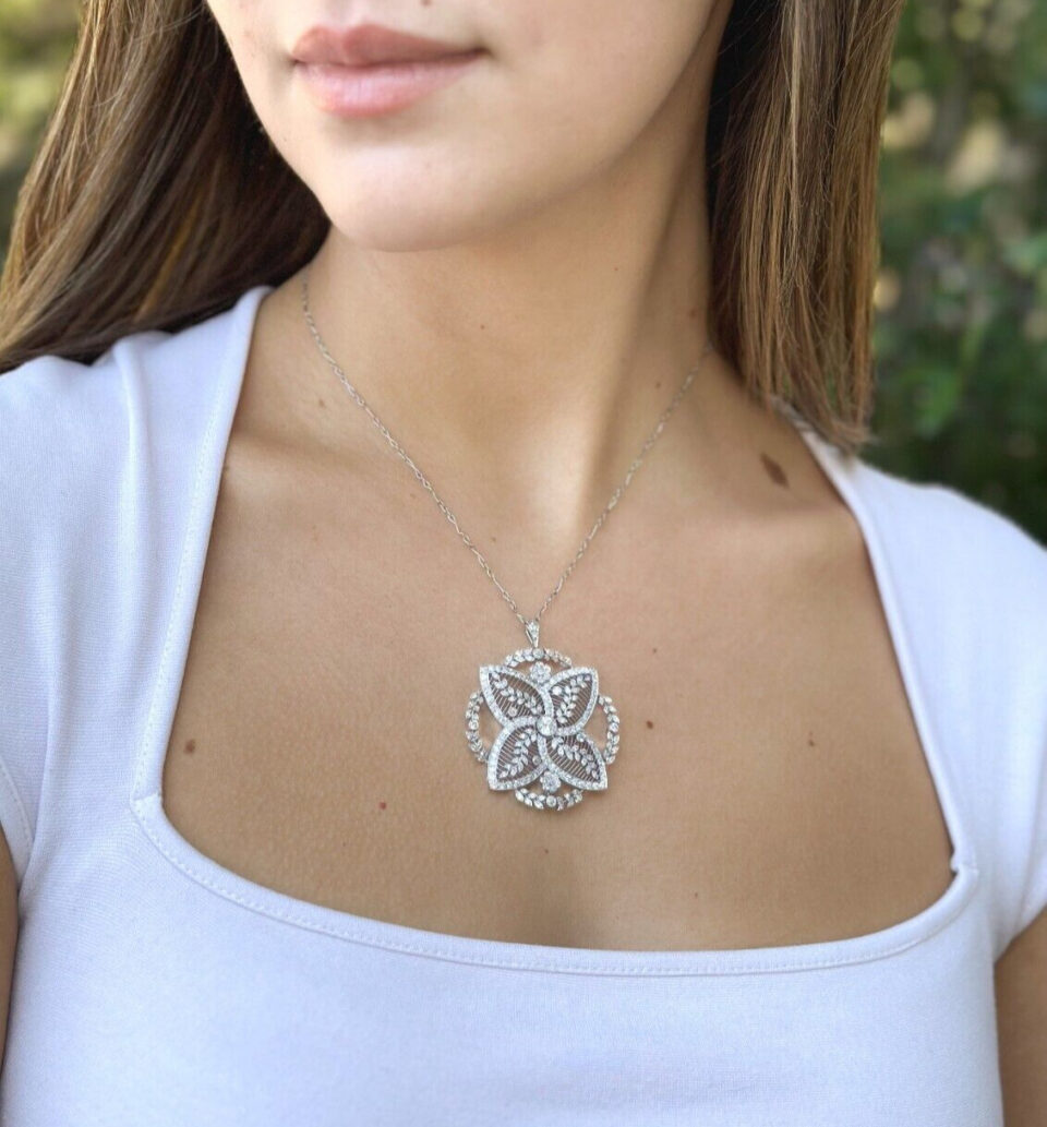 Antique Belle Epoque Platinum Diamond Floral Filigree Pendant Necklace NG1340