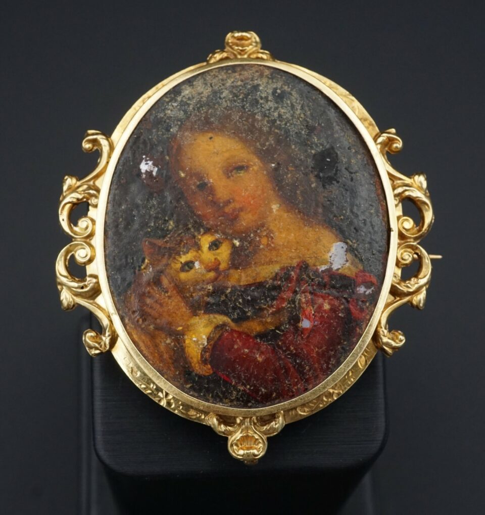 Victorian Miniature Portrait Pin Brooch Lady and Cat French 14k Gold 2" OG275