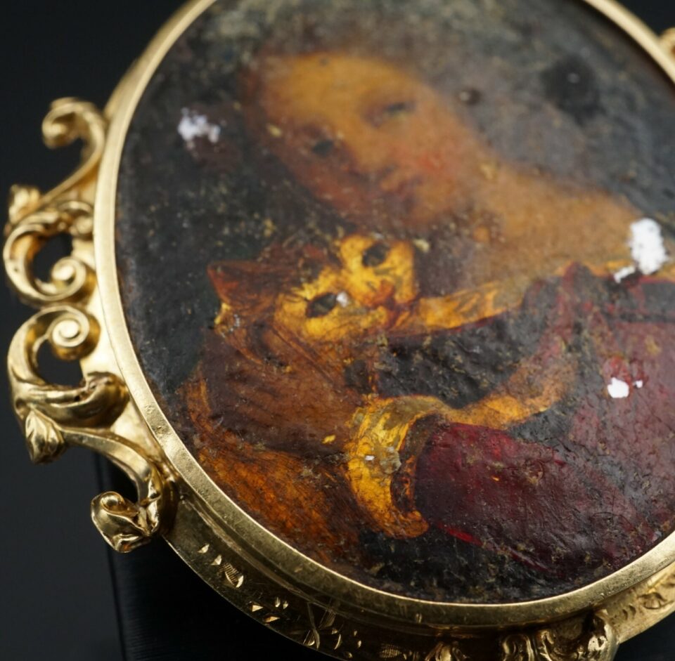 Victorian Miniature Portrait Pin Brooch Lady and Cat French 14k Gold 2", view 2