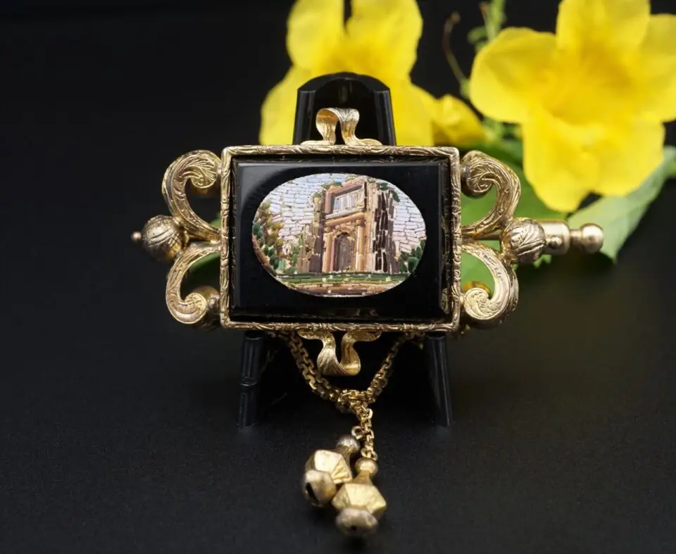 Antique 1850s 14k Gold Arch of Titus Micro Mosaic Inlay Brooch, view 2
