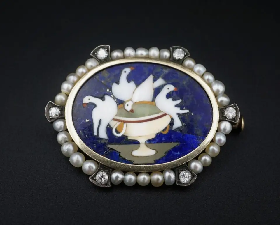 Antique 14k Pietra Dura Lapis Mosaic Pliny's Doves Diamond Pearl Brooch, view 2
