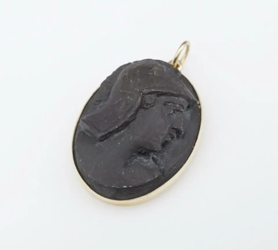 Vintage Wesley Emmons Carved Lava Cameo Pendant, 14k Yellow Gold