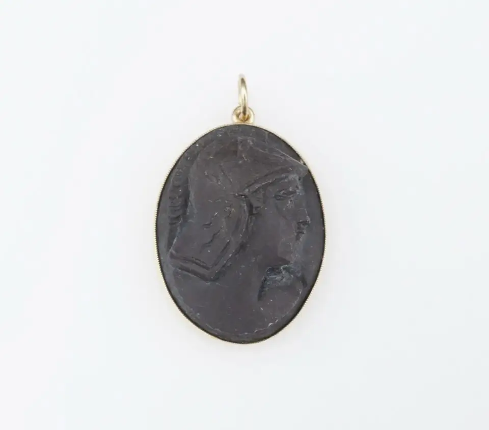 Vtg Wesley Emmons 14k Yellow Gold High Relief Carved Lava Cameo Pendant, view 2