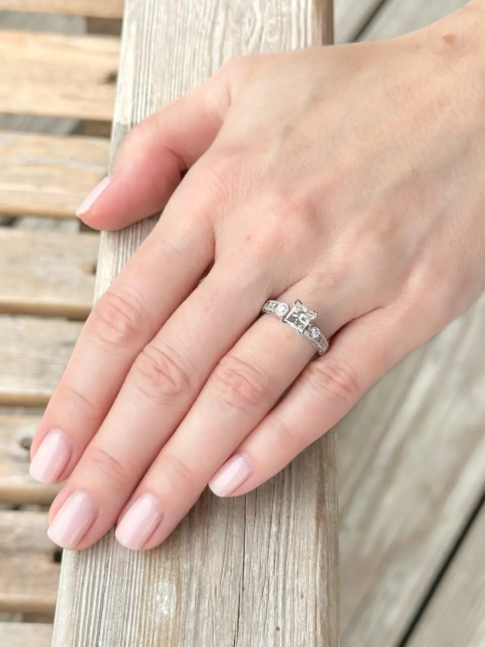 Hand Engraved 1.3 Carat Princess Cut Diamond Engagement Ring, 18k White Gold