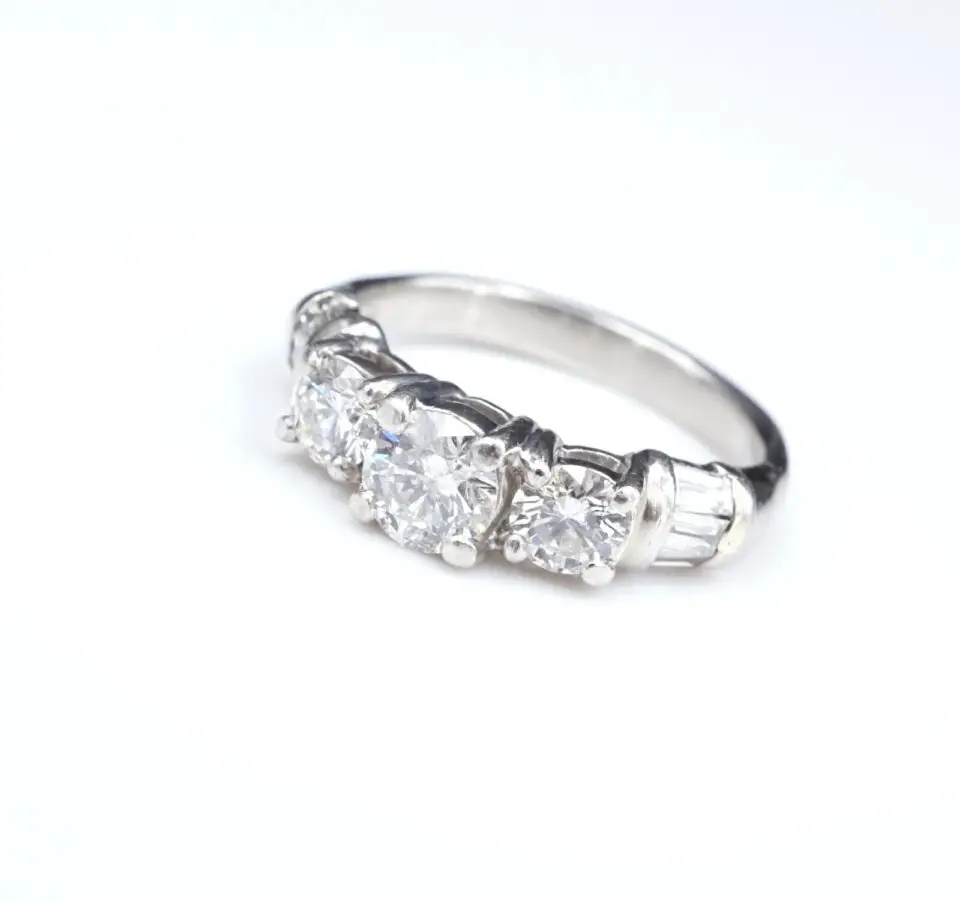 Natural Diamond and Baguette Three-Stone Engagement Ring, 1 ctw, Platinum