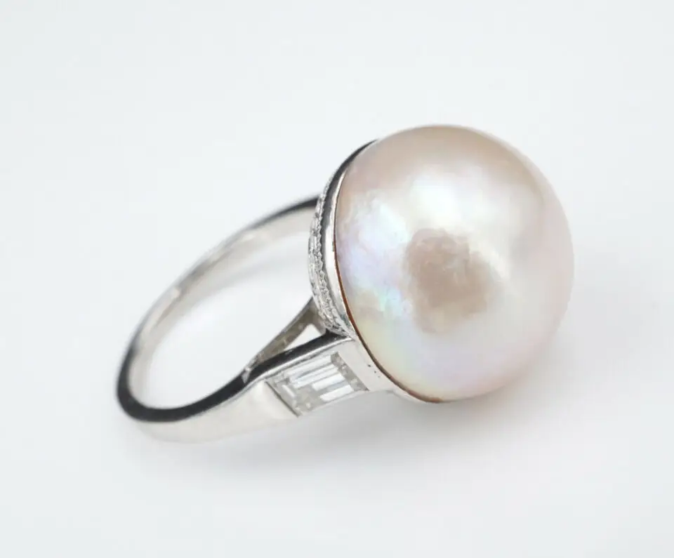 Vintage 15mm Mabe Pearl and Diamond Ring, Platinum
