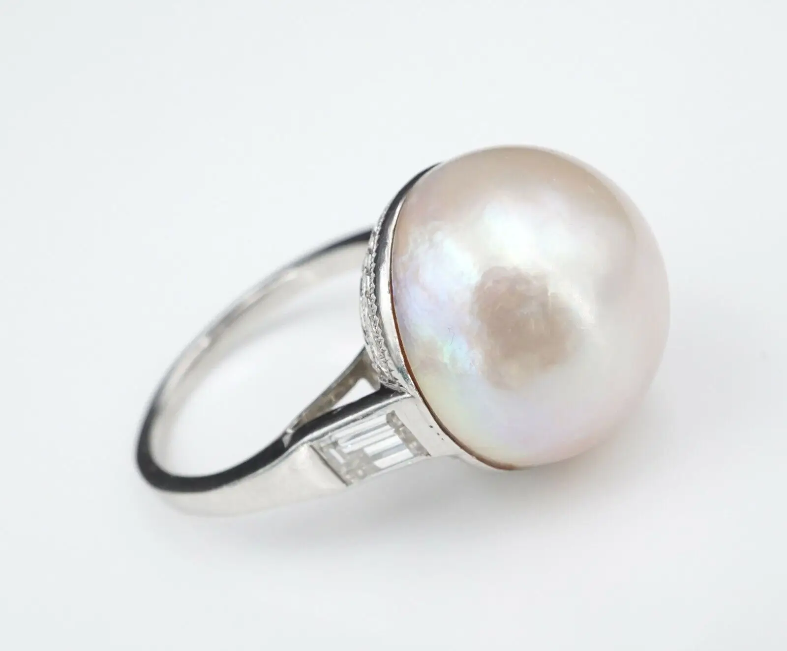 Vintage Mabe Pearl Diamond Ring Platinum Size 6.75 15 mm, view 1